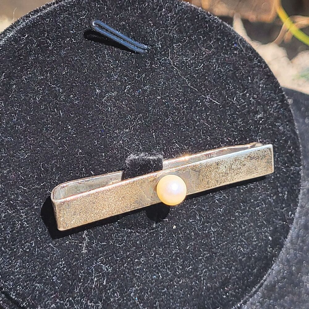 Vintage Sterling Silver and Pearl Tie Bar 2" marked Sterling - Picture 1 of 5